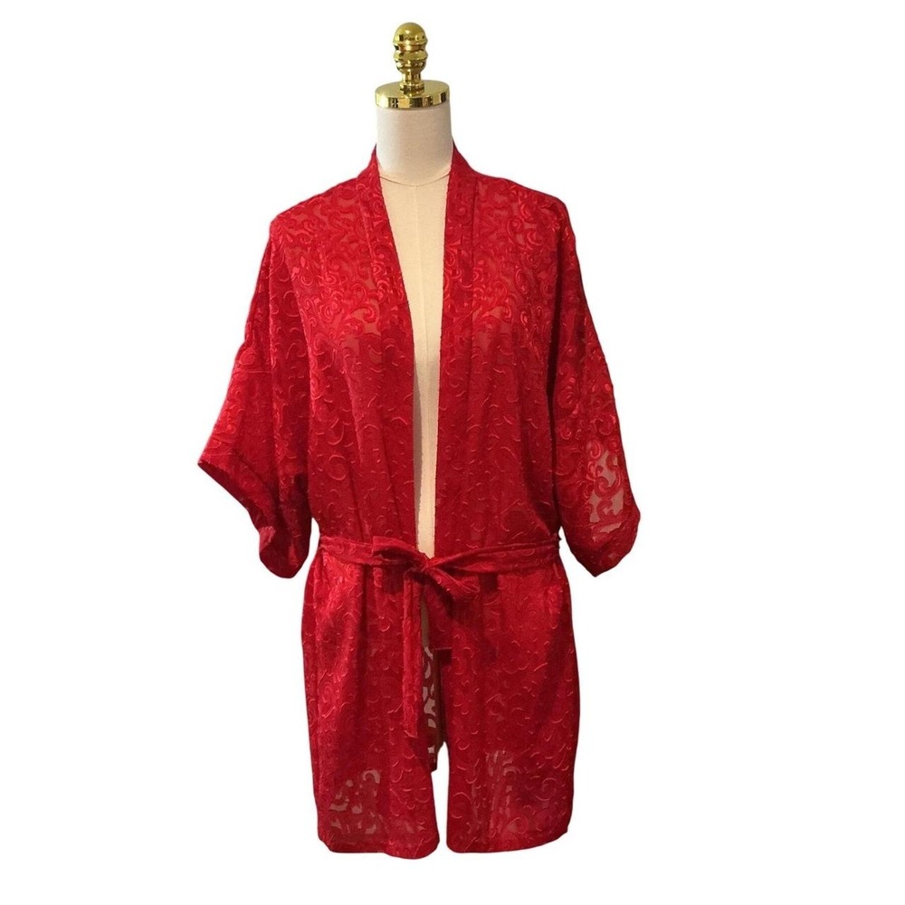 Vintage Lucie Ann II Robe Women Medium Red Excellent Scroll Burnout Sheer Mesh